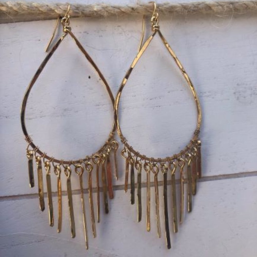 Gold Tear with Metal Fringe Earrings